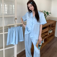 批发三件套夏季网红甜美短袖提花豹纹冰雪丝翻领时髦长裤家居服<b class='q'>睡衣</b>