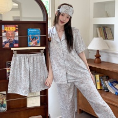 批发三件套夏季网红甜美短袖提花豹纹冰雪丝翻领时髦长裤家居服<b class='q'>睡衣</b>