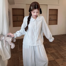 批发睡衣2026年秋季纯棉婴儿<b class='q'>棉麻</b>韩版女甜美双层棉纱长袖家居服套装