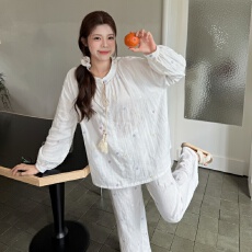 批发睡衣2026年秋季纯棉婴儿<b class='q'>棉麻</b>韩版女甜美双层棉纱长袖家居服套装