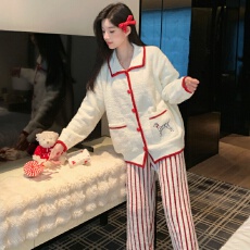 半边绒睡衣女冬季可外穿水貂绒抗静电韩系甜美加厚保暖家居服套装