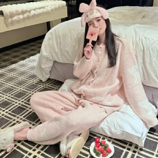 半边绒睡衣女冬季可外穿水貂绒抗静电韩系甜美加厚保暖家居服套装