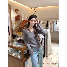 批发樱桃小姐 V领镂空长袖针织衫女2025秋冬新款内搭修身毛衣打底上衣