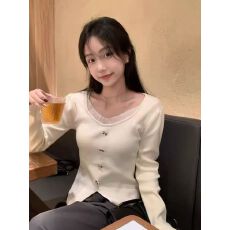 批发秋冬新款百搭设计感蝴蝶结修身开叉上衣可盐可甜拼接V领<b class='q'>针织衫</b><b class='q'>女</b>