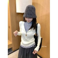 批发百搭拼色半高领拉链假两件长袖女新款设计感<b class='q'>修身</b>显瘦打底衫上衣
