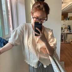 批发##爱心镂空设计感方领夏季针织衫上衣