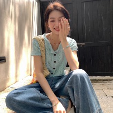 批发夏日小香风~钩花镂空含羊毛短袖针织衫女温柔风短款上衣