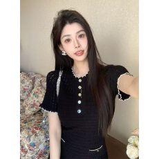 批发ORG粘胶针织 精致小香风撞色镂空甜美收腰气质显瘦<b class='q'>通勤</b>短袖连衣裙