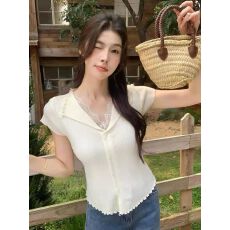 批发法式温柔蕾丝拼接V领木耳边针织打底衫上衣女安迪绒修身内搭毛衣