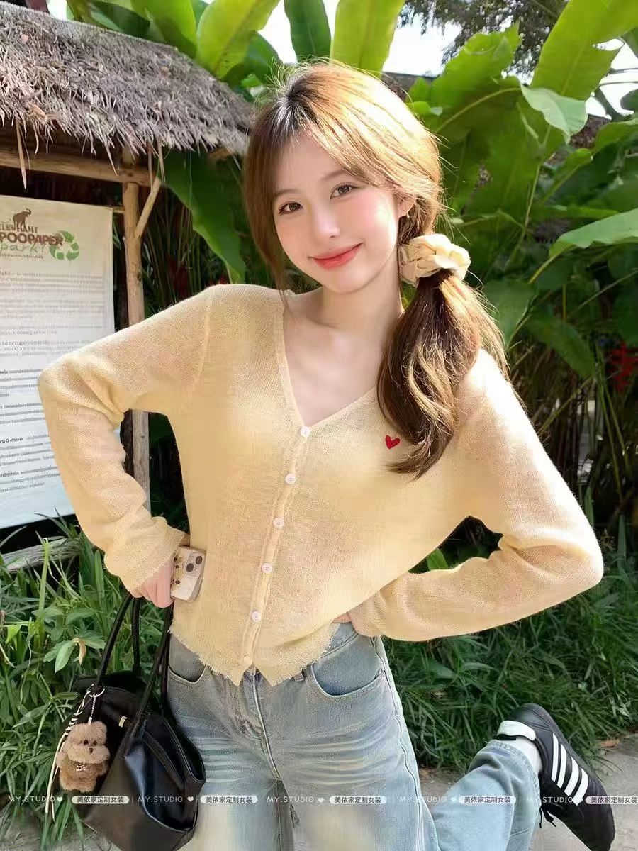 주황색 자수 얼음 실크 V넥 자외선 차단 작은 숄 여성 여름 니트 Tulle 오픈 가디건 맨위 외부 가져 가라. 에어컨 블라우스
