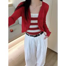 批发欧洲站夏季<b class='q'>甜美</b>韩系风条纹拼色吊带背心+短款坑条开衫两件套