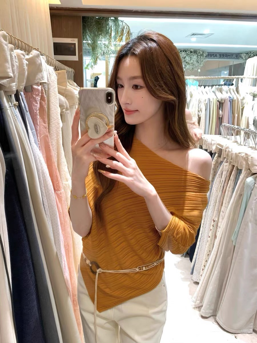 봄 여름 새로운 품격 보트넥 비스듬한 어깨 작은 셔츠 여성용 짧은 소매 박하 녹색 슬림해 보이는 다용도 불규칙 캐주얼 맨위