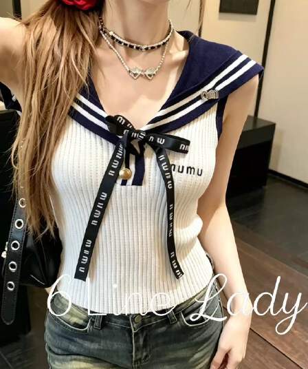 6linelady 달콤한 자매 바람 선원 칼라 작은 셔츠 여성 여름 학원 스타일 배색 나비 매듭 몸매 가꾸기 민소매 맨위