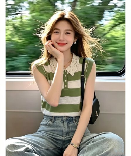 폭발 스트라이프 배색 폴로 칼라 작은 날다 소매 짠 셔츠 여성 2026 여름 새로운 캐주얼 다용도 티셔츠 맨위