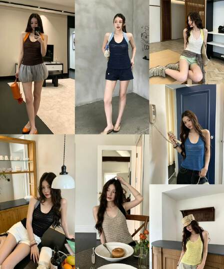 2026 여름 새로운 황색 홀로우 아웃 얼음 실크 행침 목 민소매 캐미솔 도파민 로얄 자매 Chic 맨위