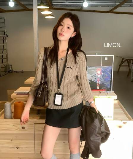 the limon 레몬 녹차 한 부서 품격 V넥 트위스트 꽃 자수 다용도 니트 스웨터 여성 중간 소매 맨위 가을
