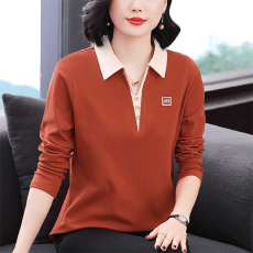 批发中老年时尚女装50多岁妈妈洋气上衣翻领长袖t恤女春装打底衫减龄
