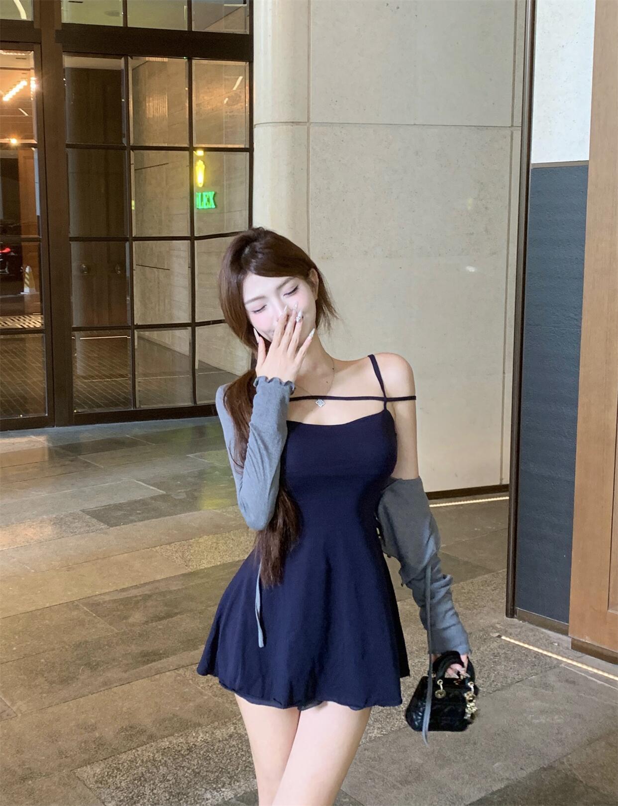 FA35128# 纯欲带胸垫吊带a字裙女夏季辣妹修身性感连裙两件套 服裝批發女裝批發服飾貨源
