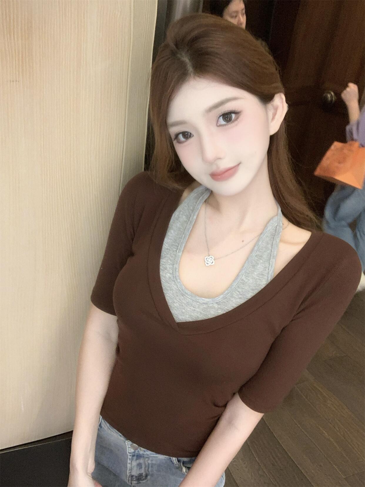 FA35127# 拼接假两件设计感短袖T恤女夏季修身收腰系带挂脖上衣 服裝批發女裝批發服飾貨源