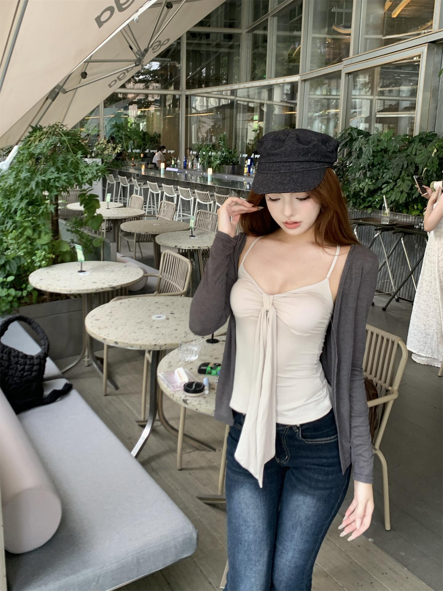 FA36918# 带胸垫绑带性感吊带背心女早秋纯欲辣妹修身长袖开衫 服裝批發女裝批發服飾貨源