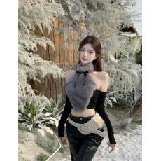 批发实拍实价 蝴蝶结仿皮草环保毛上衣女辣妹性感修身连袖挂脖背心