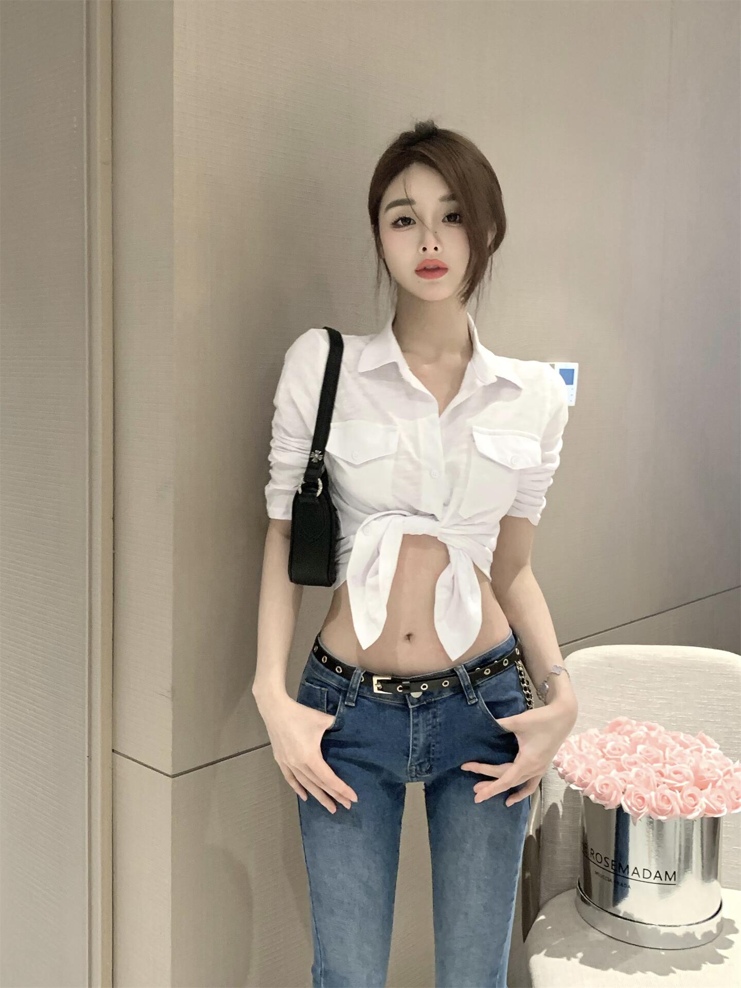 실사 정가 핫걸 미니멀리즘 작은 대중 화이트 여성 셔츠 이른 봄 POLO 칼라 몸매 가꾸기 다용도 7부 소매 맨위