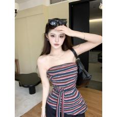 批发实拍实价 条纹带胸垫抹胸背心女夏季辣妹撞色不规则修身系带上衣