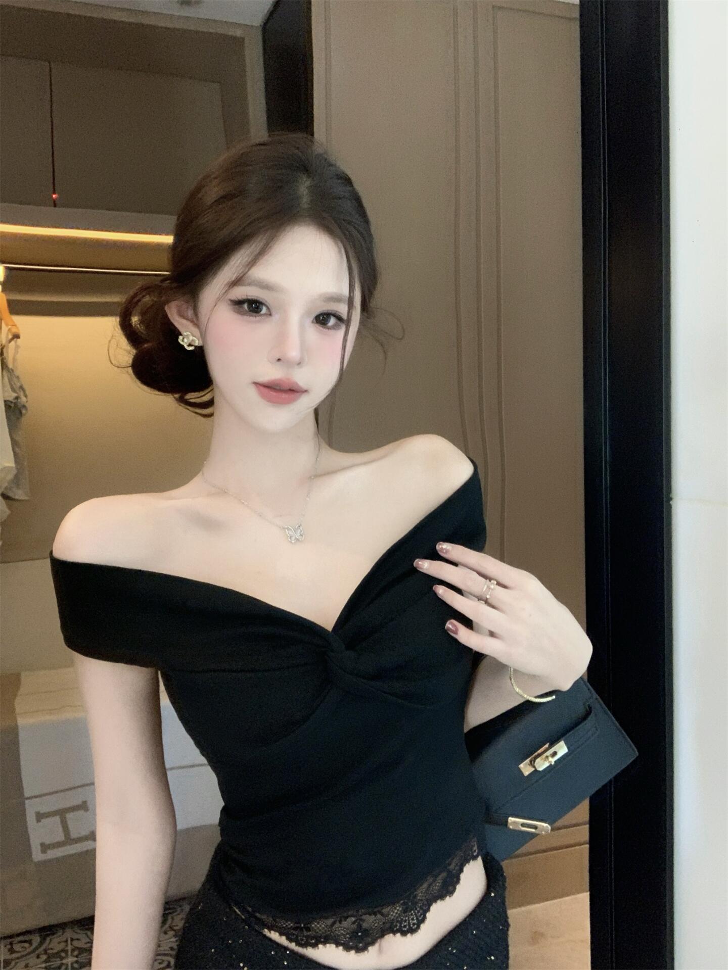실사 정가 순수한 욕망 레이스 레이스 오프숄더 V넥 티셔츠 여성 여름 섹시함 핫걸 오프숄더 몸매 가꾸기 맨위