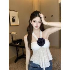 批发实拍实价 挂脖<b class='q'>花朵</b>绑带背心抹胸女夏季性感镂空修身短款上衣