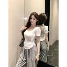 批发实拍实价 蕾丝拼接带胸垫<b class='q'>短袖</b>T恤女夏季纯欲性感U领修身短款上衣