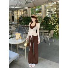 批发实拍实价 设计感绑带开衫挂脖吊带背心女<b class='q'>修身</b>垂坠感阔腿<b class='q'>裤</b><b class='q'>三件套</b>