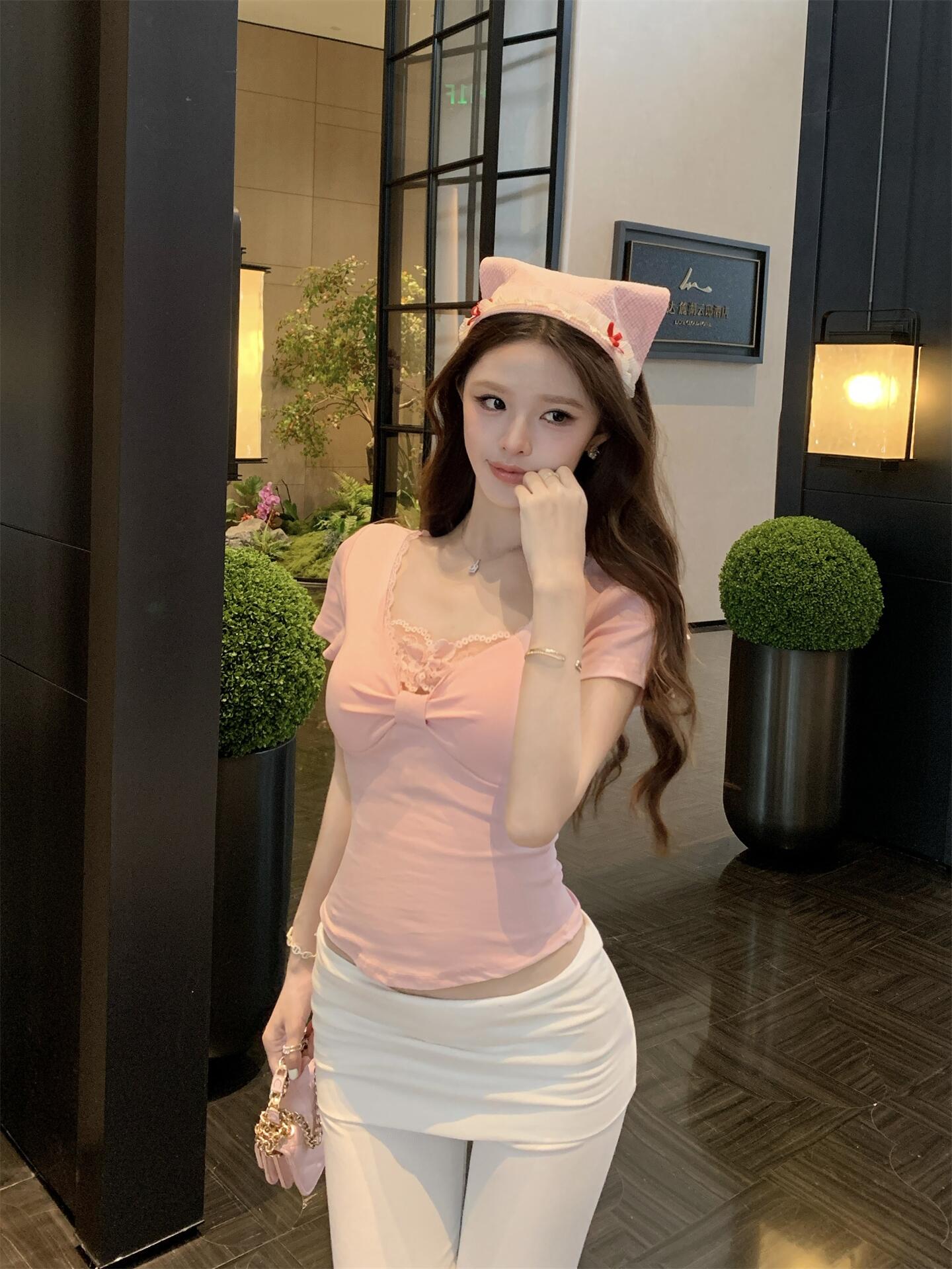 실사 정가 나비 매듭 레이스 백리스 V넥 반팔 티셔츠 여성 여름 핫걸 순수한 욕망 몸매 가꾸기 맨위