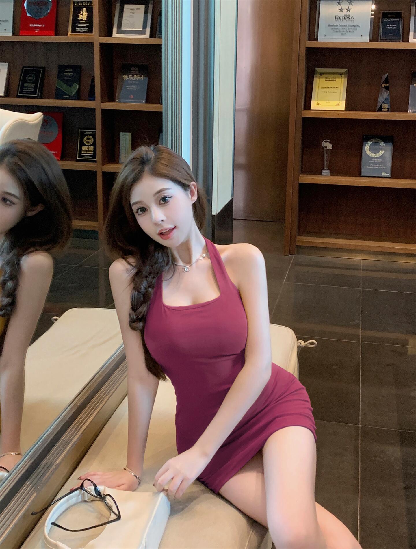 실사 정가 나만의 것을 가져와 라. 가슴 패드 행침 목 백리스 허리 수축 미니 스커트 아이들 여름 섹시함 몸매 가꾸기 타이트 스커트 드레스