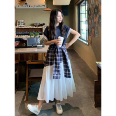 批发撞色格子拼接连衣裙女2025夏季新款独特设计感收腰显瘦假两件长裙