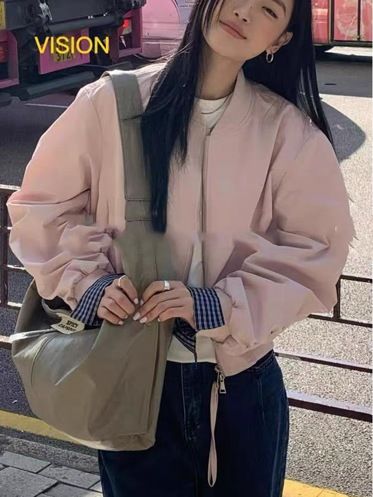 2025 조기 봄 가을 새로운 유럽 상품 빛 요리 한 바람 고급 센스 스탠드 칼라 루즈핏 야구 유니폼 쇼트 스타일 재킷