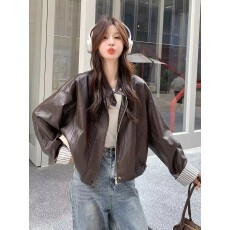 批发美式复古炸街甜酷风皮衣外套女2025秋季新款机车范百搭皮夹克