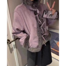 批发2025冬季立领皮毛一体加绒加厚<b class='q'>皮衣</b>短款蝴蝶结羊羔毛麂皮绒外套女