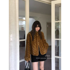 批发韩系高级感环保皮草毛毛外套女2025冬季新款仿水貂毛立领短款外套