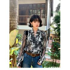 批发长袖衬衫女春秋季新款韩版宽松<b class='q'>翻领</b>印花衬衣设计感洋气上衣