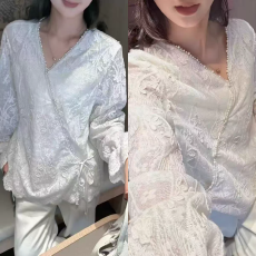 批发<b class='q'>欧洲站</b><b class='q'>新款</b>韩系气质百搭系绳钉珠边V领蕾丝衫女显瘦长袖上衣