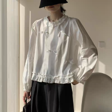 批发减龄上衣女减龄圆领春甜美2026蝴蝶结立体套头耳边木法式衬衫