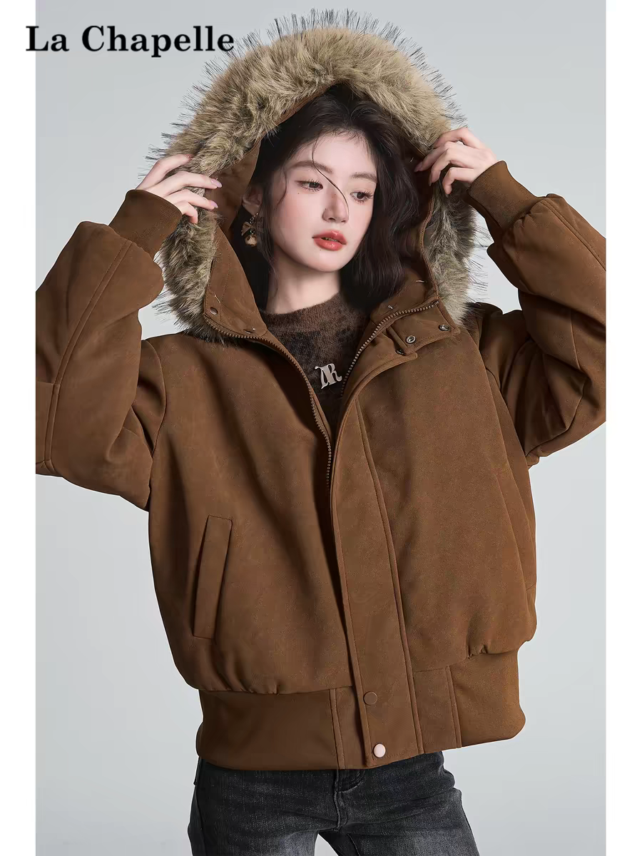 털 모피 칼라 후드 보온 워크웨어 재킷 여성 가을 겨울 스웨이드 원단 플러스 모피 두꺼운 면 의류 재킷
