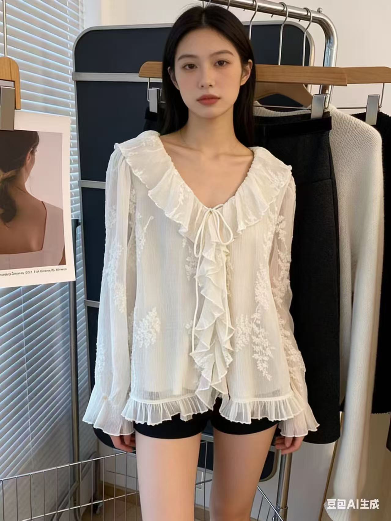여성 쉬폰 셔츠 고급 센스 빛 럭셔리 봄 드레스 2025 새로운 외국 가스 연령 감소 V넥 작은 셔츠 프릴 맨위