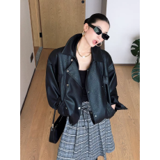 批发【新宿街影】复古机车皮夹克立翻领黑色皮衣外套女