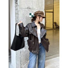 批发皮衣女棕色美拉德宽松绵羊皮潮流机车夹克外套新