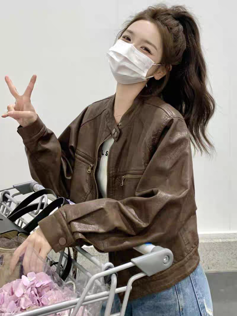 커피 색상 가죽 재킷 여성 코트 봄 가을 새로운 폭발 고급 센스 오토바이 쇼트 스타일 pu 가죽 자켓