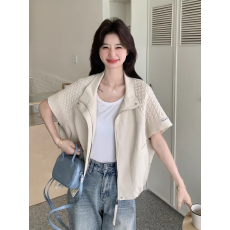 批发针织拼接短袖马甲女韩系2026春季新款<b class='q'>百搭</b>时尚休闲立领皮衣外套女