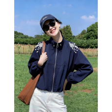 批发深蓝色拉链刺绣<b class='q'>夹克</b>外套外套女2026新款小个子高级感立领上衣