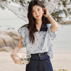 批发波点刺绣衬衫女夏显瘦上衣设计感独特别致短袖衬衣航海系