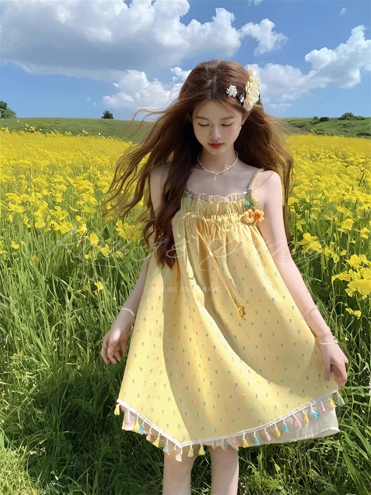 달콤함 황색 도트 무늬 슬립 여성 드레스 여름 A형 루즈핏 민소매 불규칙 미니 스커트